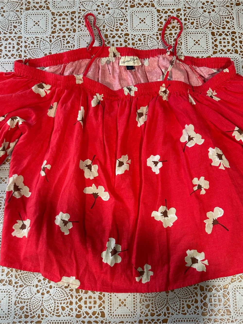 Universal Thread Coral Floral Off Shoulder Linen Blend Peasant Top Large